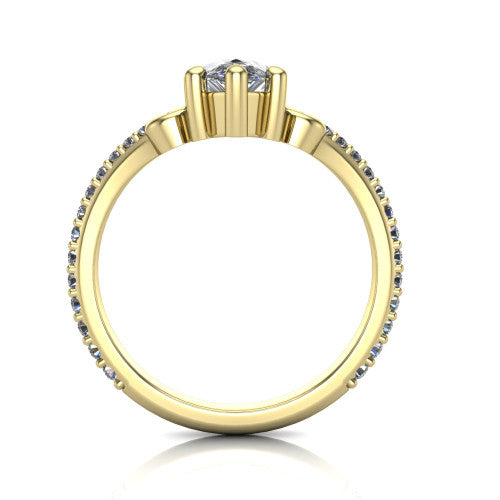 Aveline pear solitaire engagement ring in 18K Yellow Gold, through-finger front profile showing the chevron band and open basket