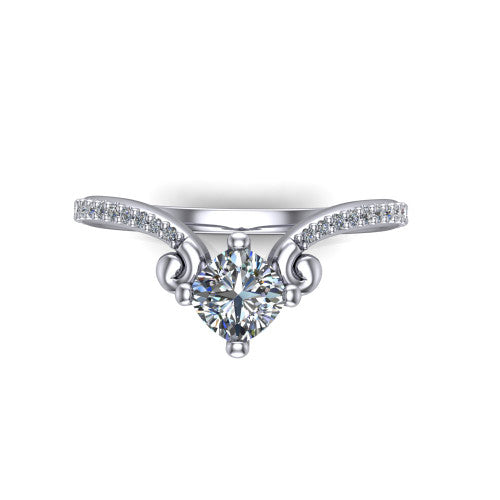 Aveline cushion solitaire engagement ring in Platinum, top-down view showing the cushion center diamond and scroll flourishes