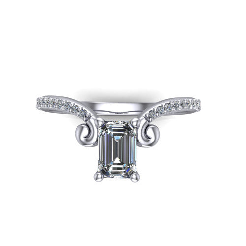 Aveline emerald solitaire engagement ring in Platinum, top-down view showing the emerald center diamond and scroll flourishes