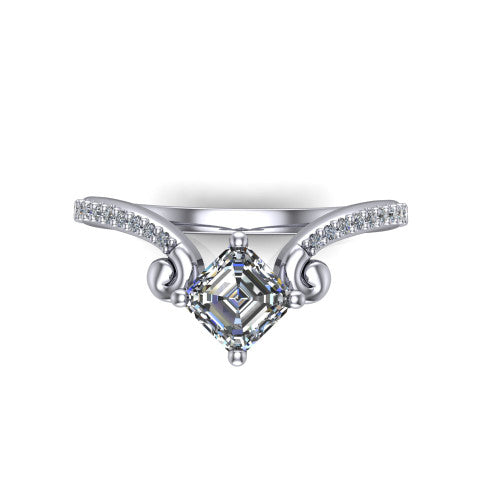 Aveline square emerald solitaire engagement ring in Platinum, top-down view showing the square emerald center diamond and scroll flourishes
