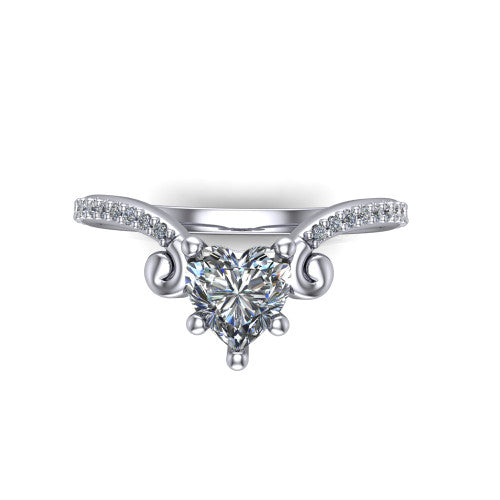 Aveline heart solitaire engagement ring in 14K White Gold, top-down view showing the heart center diamond and scroll flourishes