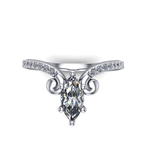 Aveline marquise solitaire engagement ring in 18K White Gold, top-down view showing the marquise center diamond and scroll flourishes