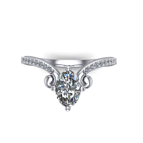 Aveline oval solitaire engagement ring in Platinum, top-down view showing the oval center diamond and scroll flourishes