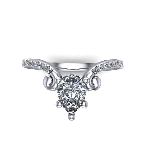 Aveline pear solitaire engagement ring in Platinum, top-down view showing the pear center diamond and scroll flourishes