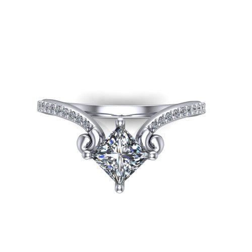 Aveline princess solitaire engagement ring in Platinum, top-down view showing the princess center diamond and scroll flourishes