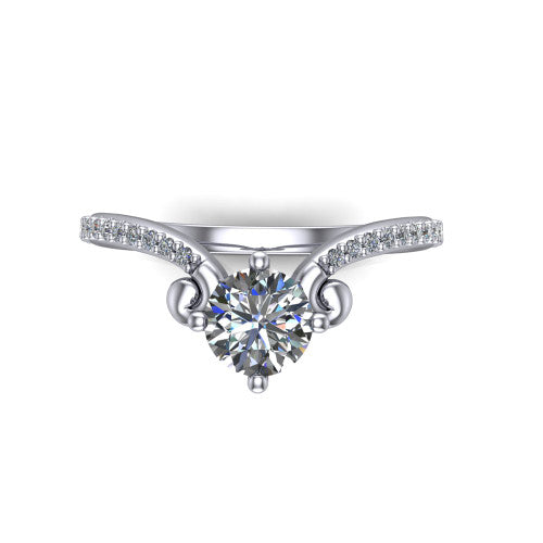 Aveline round solitaire engagement ring in 14K White Gold, top-down view showing the round center diamond and scroll flourishes