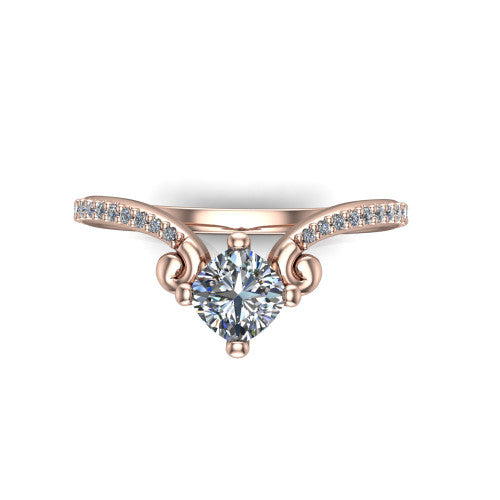 Aveline cushion solitaire engagement ring in 14K Rose Gold, top-down view showing the cushion center diamond and scroll flourishes