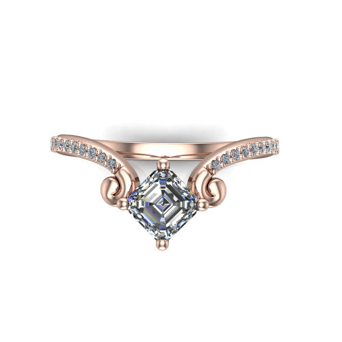 Aveline square emerald solitaire engagement ring in 14K Rose Gold, top-down view showing the square emerald center diamond and scroll flourishes