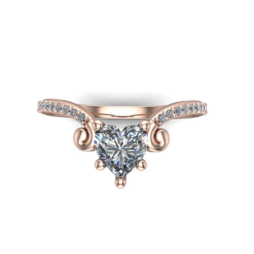 Aveline heart solitaire engagement ring in 18K Rose Gold, top-down view showing the heart center diamond and scroll flourishes