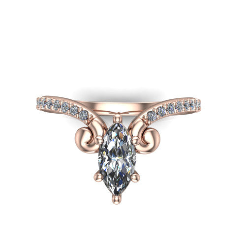 Aveline marquise solitaire engagement ring in 14K Rose Gold, top-down view showing the marquise center diamond and scroll flourishes