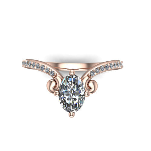 Aveline oval solitaire engagement ring in 18K Rose Gold, top-down view showing the oval center diamond and scroll flourishes