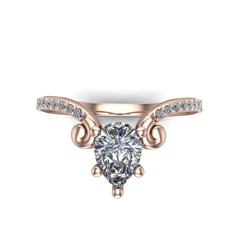 Aveline pear solitaire engagement ring in 14K Rose Gold, top-down view showing the pear center diamond and scroll flourishes