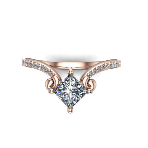 Aveline princess solitaire engagement ring in 14K Rose Gold, top-down view showing the princess center diamond and scroll flourishes
