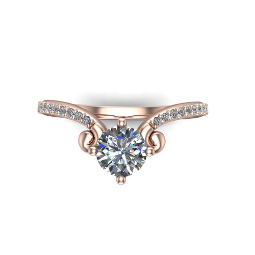 Aveline round solitaire engagement ring in 14K Rose Gold, top-down view showing the round center diamond and scroll flourishes