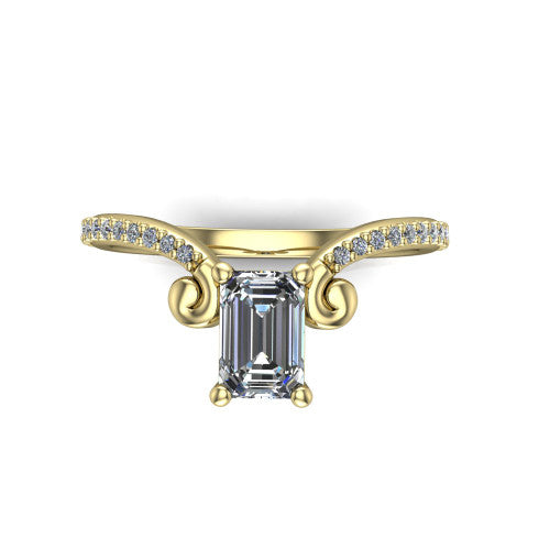 Aveline emerald solitaire engagement ring in 14K Yellow Gold, top-down view showing the emerald center diamond and scroll flourishes
