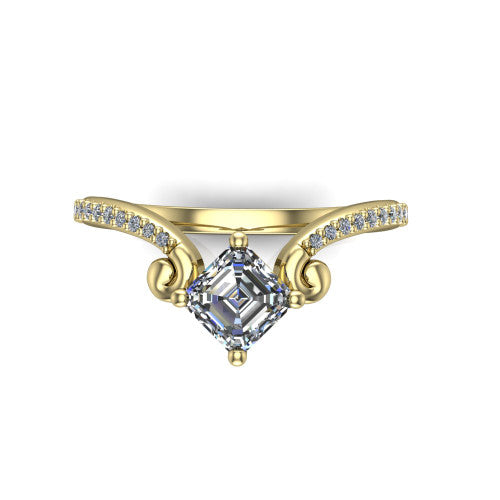 Aveline square emerald solitaire engagement ring in 14K Yellow Gold, top-down view showing the square emerald center diamond and scroll flourishes