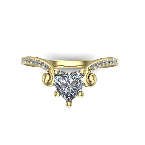 Aveline heart solitaire engagement ring in 14K Yellow Gold, top-down view showing the heart center diamond and scroll flourishes