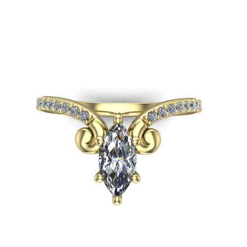 Aveline marquise solitaire engagement ring in 18K Yellow Gold, top-down view showing the marquise center diamond and scroll flourishes