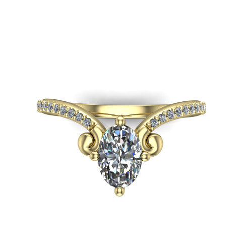 Aveline oval solitaire engagement ring in 14K Yellow Gold, top-down view showing the oval center diamond and scroll flourishes