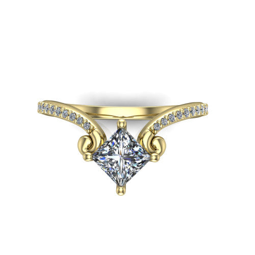 Aveline princess solitaire engagement ring in 14K Yellow Gold, top-down view showing the princess center diamond and scroll flourishes