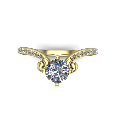 Aveline round solitaire engagement ring in 14K Yellow Gold, top-down view showing the round center diamond and scroll flourishes