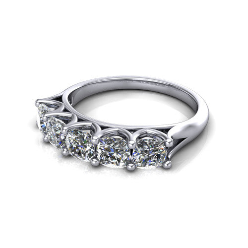 Holly cushion five stone engagement ring in 18K White Gold, three-quarter perspective showing five brilliant cushion-cut diamonds set across the band in shared 4-prong claws on tapered cathedral shoulders