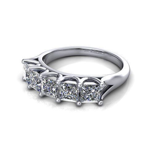 Holly princess five stone engagement ring in 18K White Gold, three-quarter perspective showing five brilliant princess-cut diamonds set across the band in shared 4-prong claws on tapered cathedral shoulders