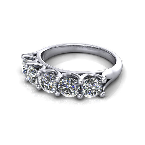 Holly round five stone engagement ring in 18K White Gold, three-quarter perspective showing five brilliant round diamonds set across the band in shared 4-prong claws on tapered cathedral shoulders