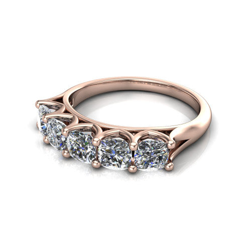 Holly cushion five stone engagement ring in 14K Rose Gold, three-quarter perspective showing five brilliant cushion-cut diamonds set across the band in shared 4-prong claws on tapered cathedral shoulders