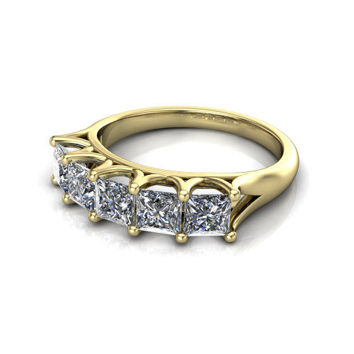 Holly princess five stone engagement ring in 18K Yellow Gold, three-quarter perspective showing five brilliant princess-cut diamonds set across the band in shared 4-prong claws on tapered cathedral shoulders