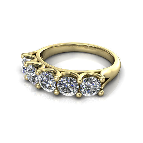 Holly round five stone engagement ring in 14K Yellow Gold, three-quarter perspective showing five brilliant round diamonds set across the band in shared 4-prong claws on tapered cathedral shoulders