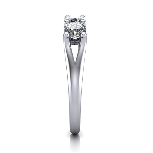 Holly cushion five stone engagement ring in 18K White Gold, side profile showing the tapered cathedral shoulders, trellis gallery, and polished band