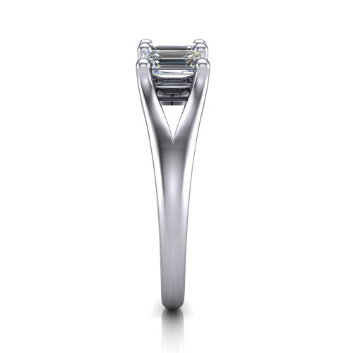 Holly emerald five stone engagement ring in Platinum, side profile showing the tapered cathedral shoulders, trellis gallery, and polished band