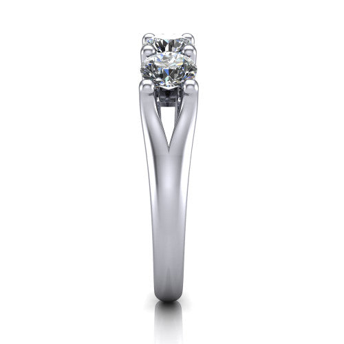 Holly round five stone engagement ring in 14K White Gold, side profile showing the tapered cathedral shoulders, trellis gallery, and polished band