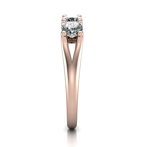 Holly cushion five stone engagement ring in 14K Rose Gold, side profile showing the tapered cathedral shoulders, trellis gallery, and polished band