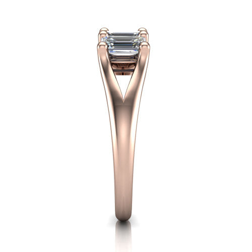 Holly emerald five stone engagement ring in 18K Rose Gold, side profile showing the tapered cathedral shoulders, trellis gallery, and polished band