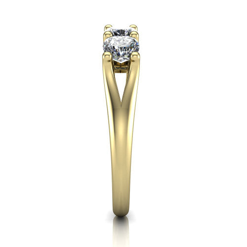 Holly cushion five stone engagement ring in 18K Yellow Gold, side profile showing the tapered cathedral shoulders, trellis gallery, and polished band