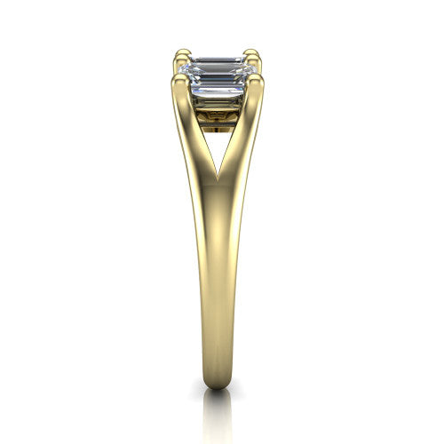 Holly emerald five stone engagement ring in 14K Yellow Gold, side profile showing the tapered cathedral shoulders, trellis gallery, and polished band