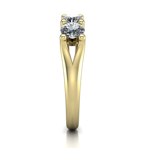 Holly round five stone engagement ring in 14K Yellow Gold, side profile showing the tapered cathedral shoulders, trellis gallery, and polished band