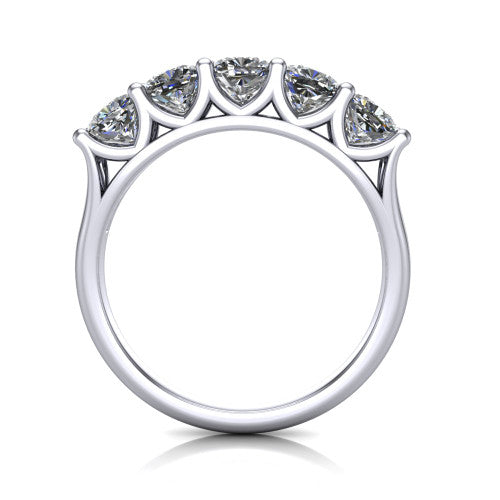 Holly cushion five stone engagement ring in 18K White Gold, through-finger front profile showing the trellis V-gallery and cathedral shoulders