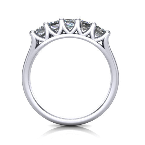 Holly emerald five stone engagement ring in 14K White Gold, through-finger front profile showing the trellis V-gallery and cathedral shoulders