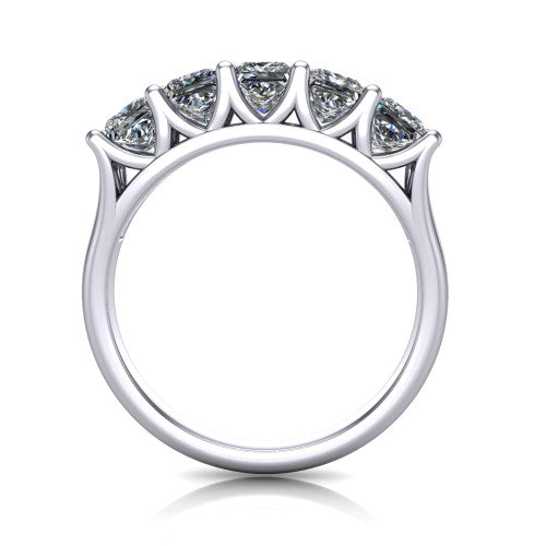 Holly princess five stone engagement ring in Platinum, through-finger front profile showing the trellis V-gallery and cathedral shoulders