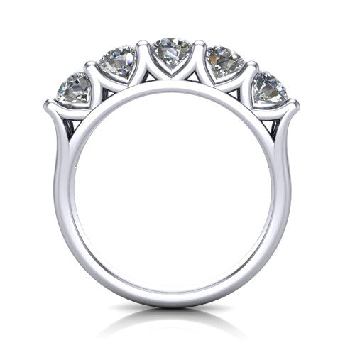 Holly round five stone engagement ring in 14K White Gold, through-finger front profile showing the trellis V-gallery and cathedral shoulders