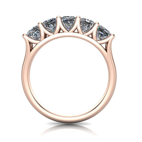 Holly princess five stone engagement ring in 18K Rose Gold, through-finger front profile showing the trellis V-gallery and cathedral shoulders
