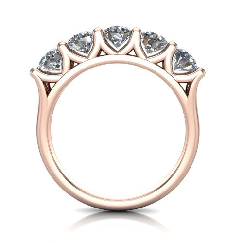 Holly round five stone engagement ring in 14K Rose Gold, through-finger front profile showing the trellis V-gallery and cathedral shoulders
