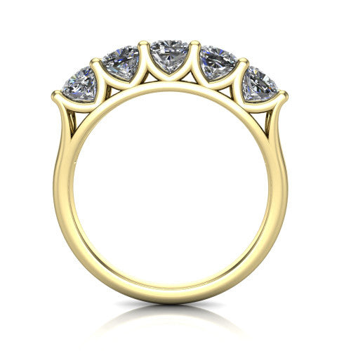 Holly cushion five stone engagement ring in 14K Yellow Gold, through-finger front profile showing the trellis V-gallery and cathedral shoulders