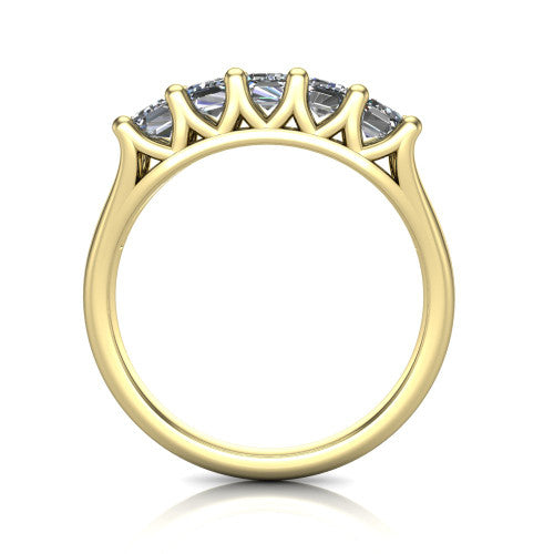 Holly emerald five stone engagement ring in 18K Yellow Gold, through-finger front profile showing the trellis V-gallery and cathedral shoulders