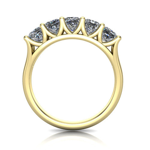 Holly princess five stone engagement ring in 14K Yellow Gold, through-finger front profile showing the trellis V-gallery and cathedral shoulders