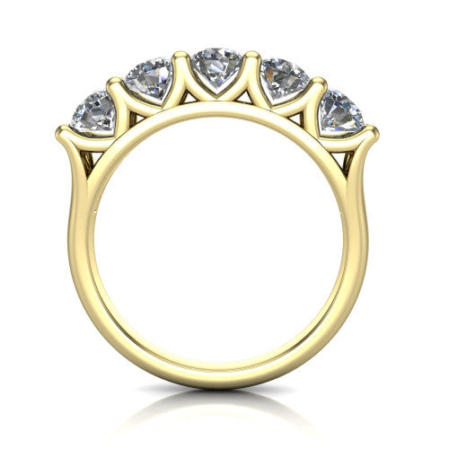 Holly round five stone engagement ring in 14K Yellow Gold, through-finger front profile showing the trellis V-gallery and cathedral shoulders