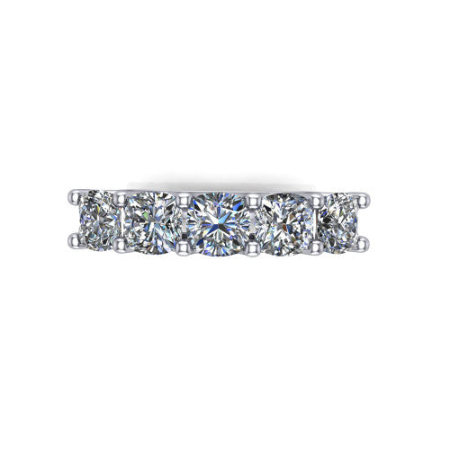 Holly cushion five stone engagement ring in Platinum, top-down view showing five brilliant cushion-cut diamonds aligned across the band in shared 4-prong claws